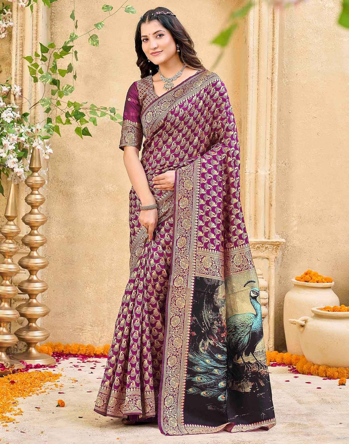 Vasthrlay Maroon saree with Womens styling and ethnic look