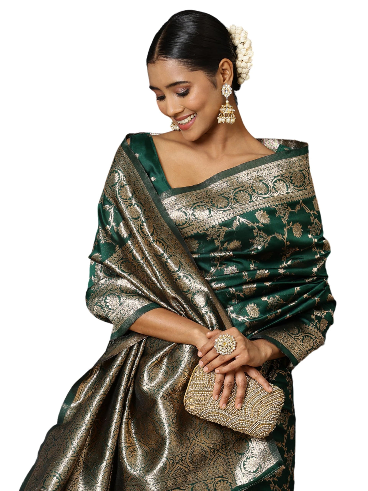 Vasthrlay Bottle Green Banarasi Traditional Saree for festive ethnic occasions