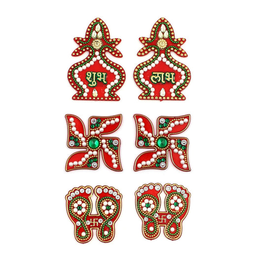 Macsen Acrylic Shubh Labh Swastik and Laxmi Charan Sticker Set of 6 Pieces