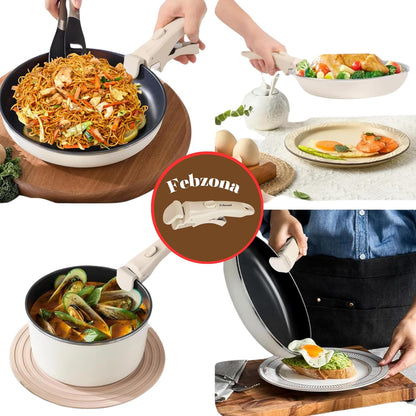 Detachable pot handle in use across different pans and pots