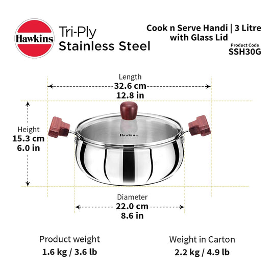 Hawkins 3 Litre Cook n Serve Handi, Triply Stainless Steel Handi 