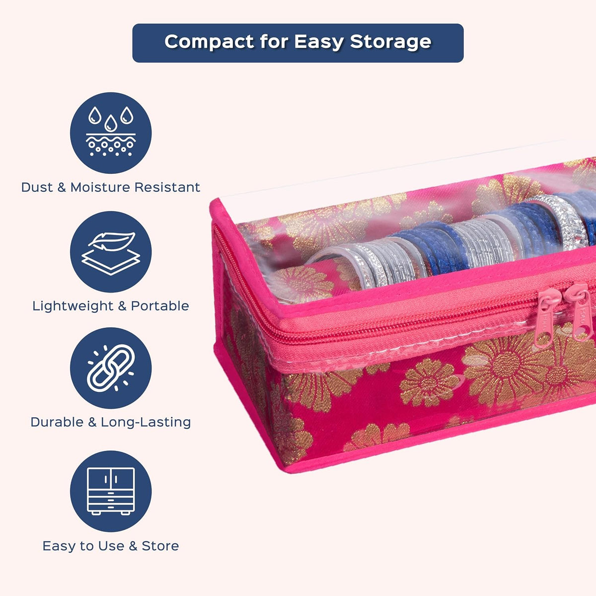 HomeStrap Brocade Single Rod Bangle Box with Transparent Top and Zip