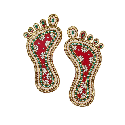 Kriwin Laxmi Charan Paduka Pearl and Green Stone Footprints 7 inch Pair