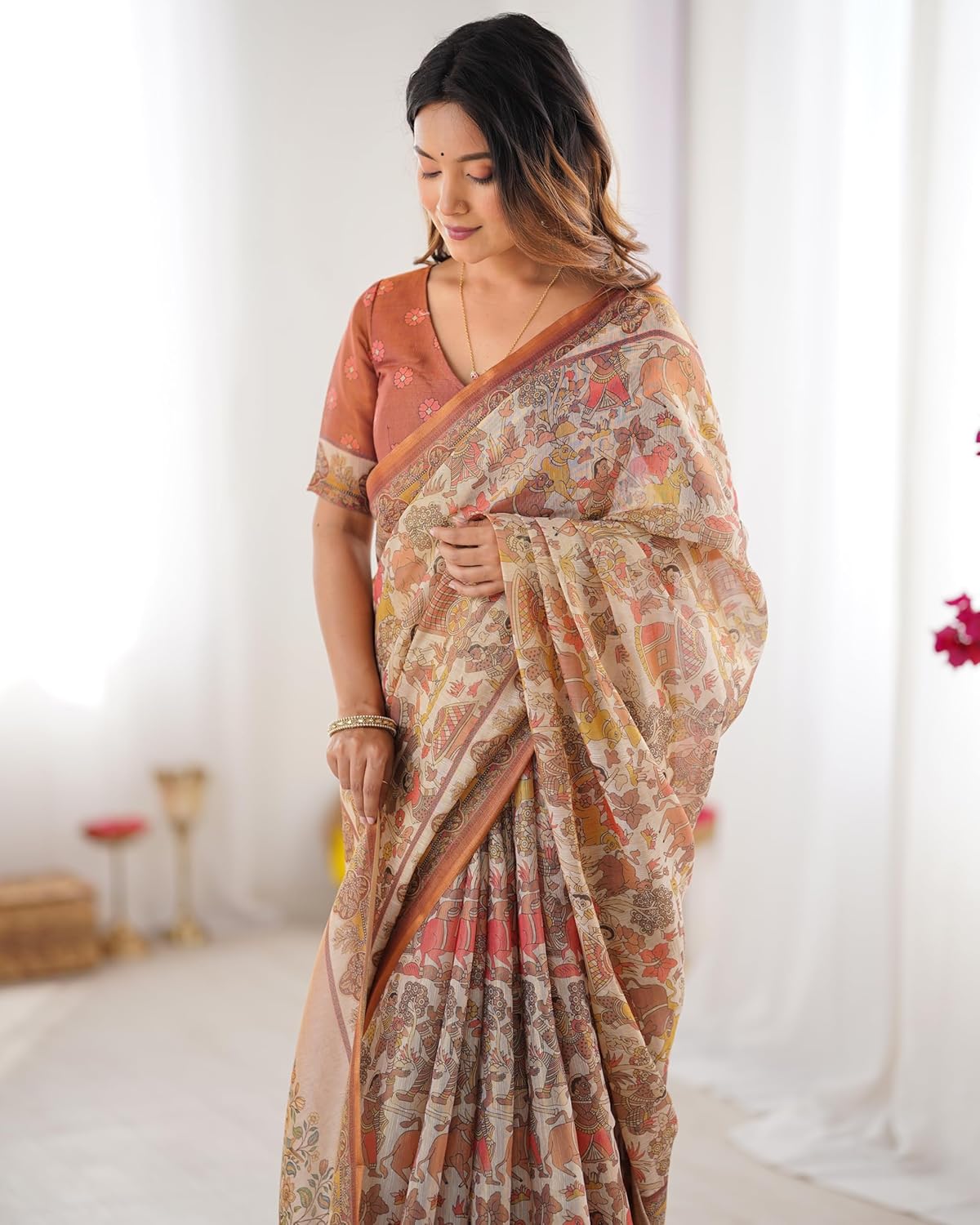 Vasthrlay Traditional Saree in Beige with refined handloom ethnic appeal