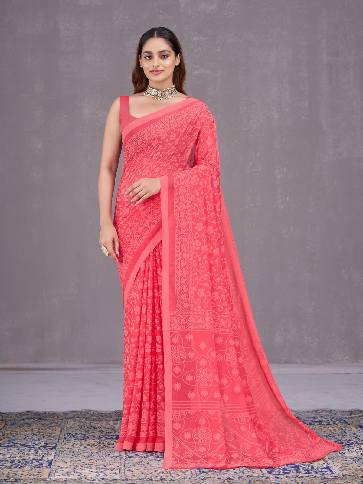 Vasthrlay Orange Floral Saree with elegant chiffon styling