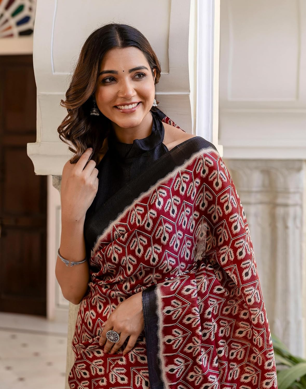 Vasthrlay Maroon Printed saree for ceremony and occasion wear