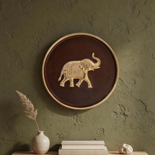 Behoma Elephant Metal Wall Plate Coffee Brown and Gold 8.4 Inch