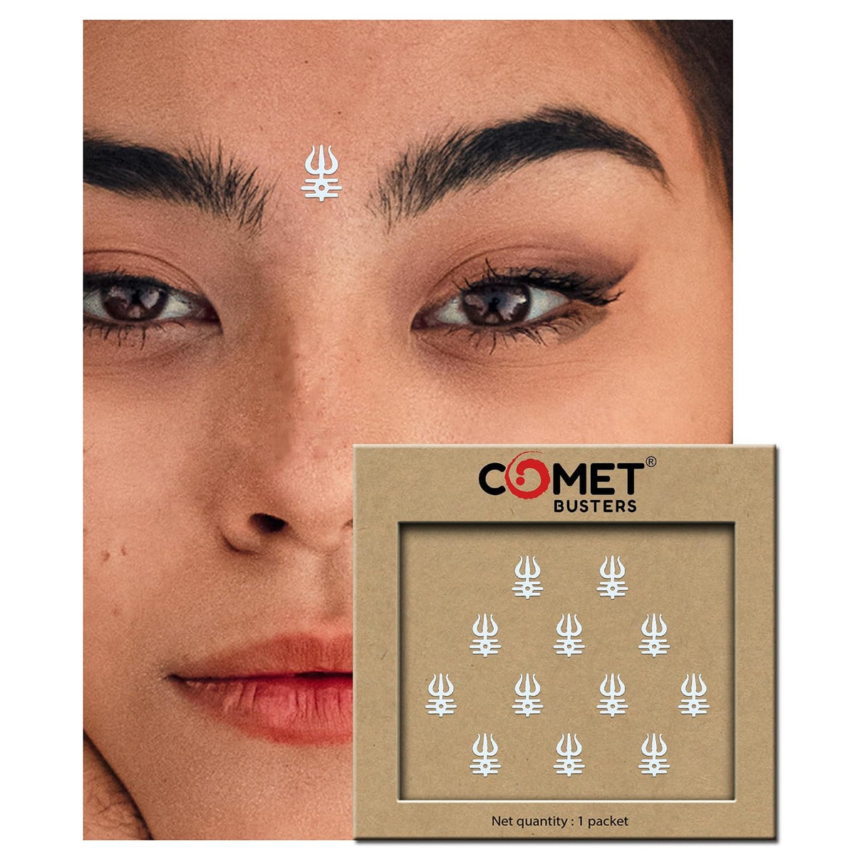 Comet Busters White Trishul Tripund Tilak Bindis 10 mm 12 Bindis
