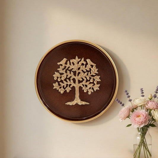 Behoma Kalpvriksha Metal Wall Plate Coffee Brown and Gold 8.4 Inch