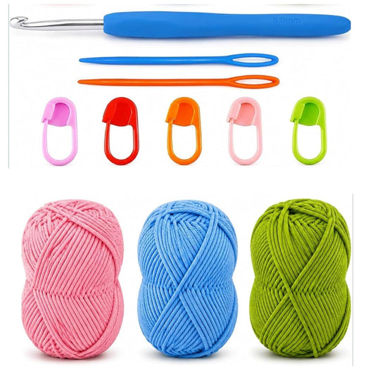11 Pcs Complete Crochet Kit for Beginners with 3 Random Yarn, 1 Crochet Hooks, 5 Stitch - image 1