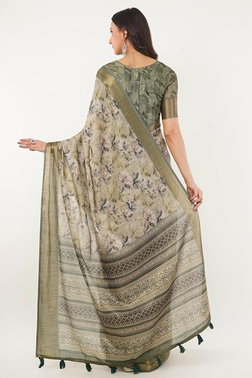 Vasthrlay Womens Sage Green Patchwork Print Polyester Saree With Zari Border & Unstitched Blouse Piece