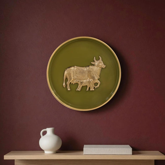 Behoma Kamdhenu Metal Wall Plate Olive Green and Gold 8.4 Inch