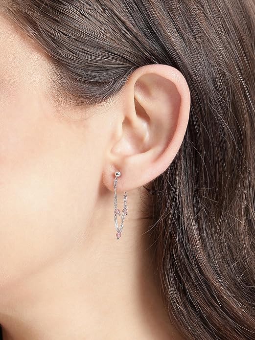 925 Sterling Silver Rhodium Plated Tourmaline Stud with Chain Earring