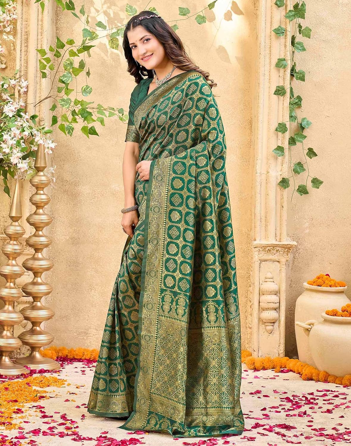 Vasthrlay ethnic saree in Dark Green colour for festive occasions