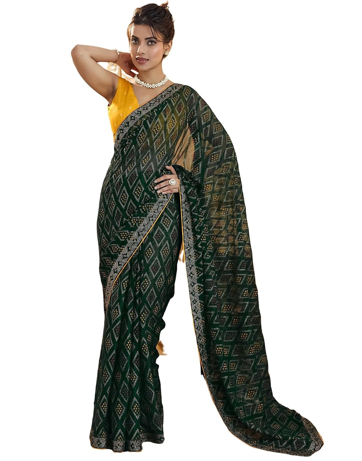 Vasthrlay Georgette Bandhani Dark Green Saree With Yellow Unstitched Blouse Piece
