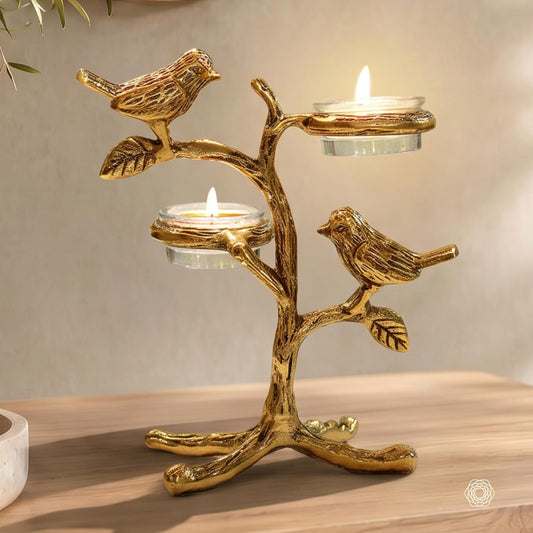 Behoma Metal Romantic Love Birds Tree Candle Gold