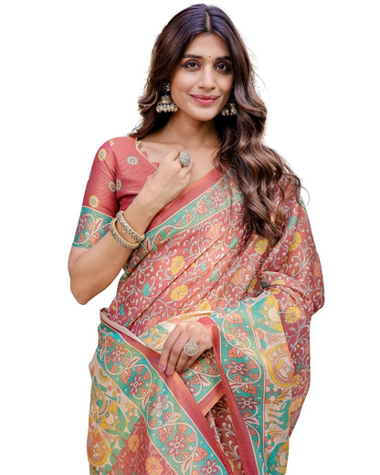 Vasthrlay Turquoise Cotton Traditional Saree for festive ethnic occasions