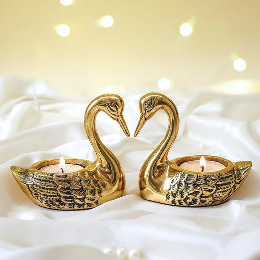 Behoma Metal Pair of Love Swans with 2 Tea Lights Golden