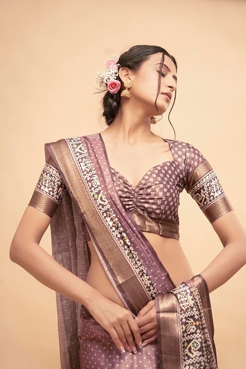 Vasthrlay Womens Abstract Print Polyester Saree With Zari Border & Unstitched Blouse Piece