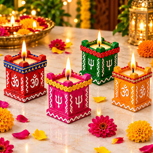 The Queen Era Hand Painted Terracotta Tower Diya with Om Shri Swastik and Trishul