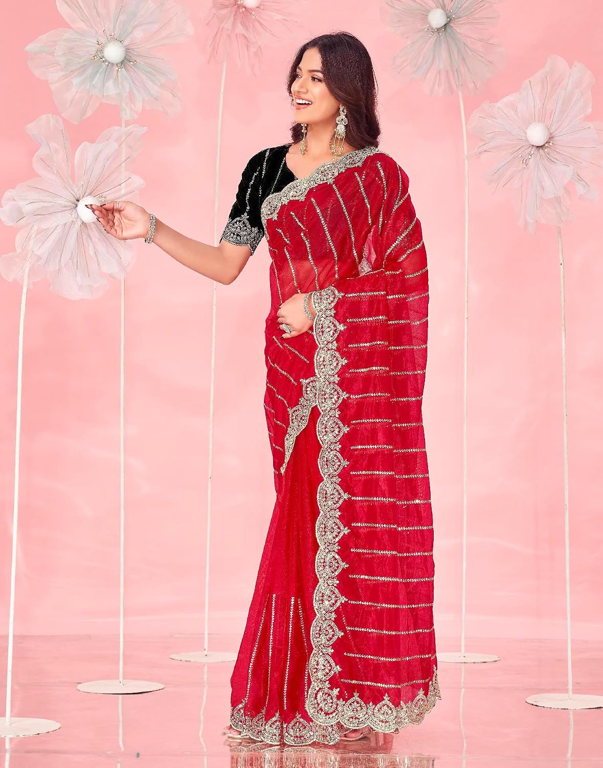 Vasthrlay Red saree with Embroidery styling and ethnic look