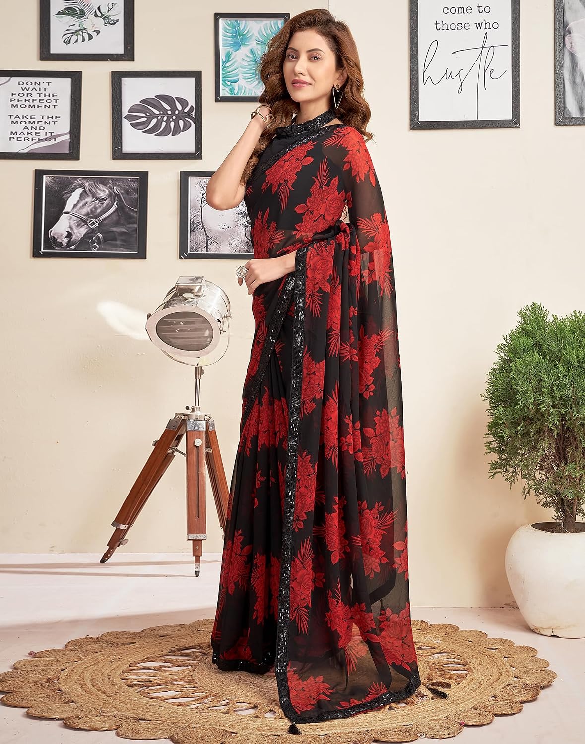 Vasthrlay Black saree with Sequence styling and Georgette look