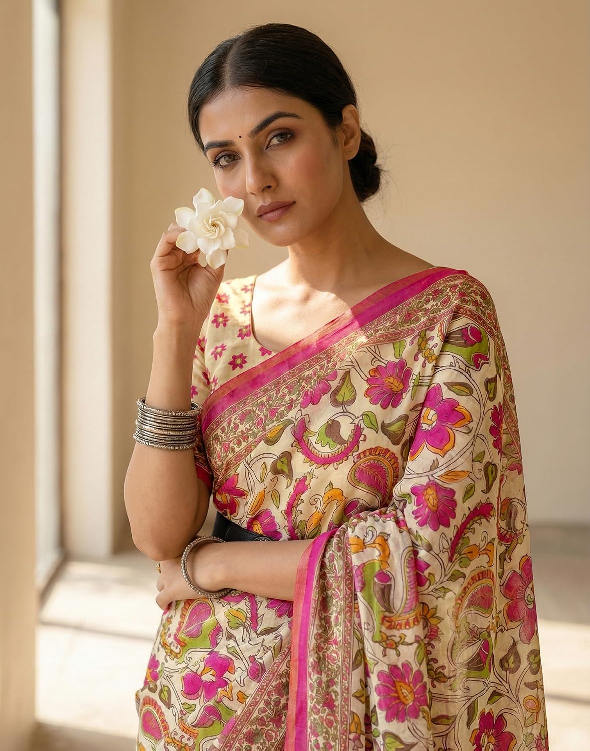 Vasthrlay Peach Printed saree for ceremony and occasion wear