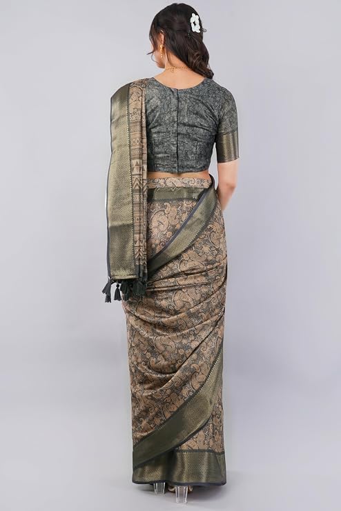Vasthrlay Womens Brown Polyester Saree With Unstitched Blouse Piece