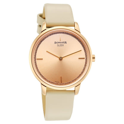 Sonata Sleek Women Rose Gold Dial Beige Leather Strap Watch image 1