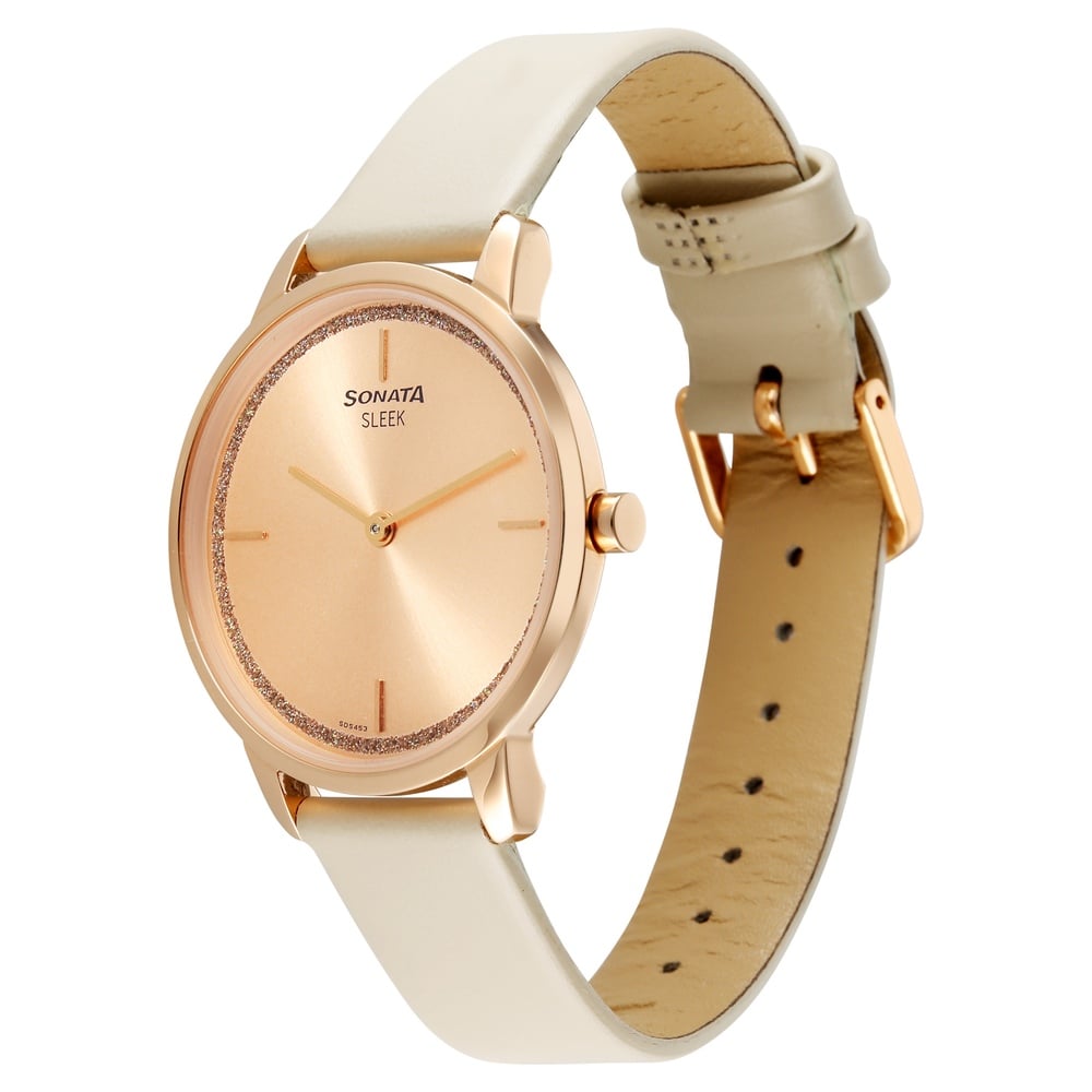 Sonata Sleek Women Rose Gold Dial Beige Leather Strap Watch image 2
