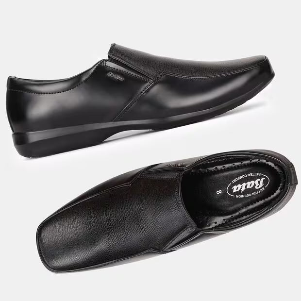 Bata Black Textured Round Toe Formal Slip-On Shoes For Men