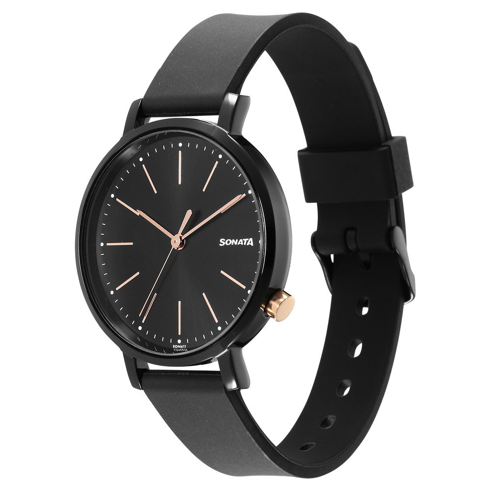 Sonata Essentials Black Dial Polyurethane Strap Watch for Women image 2