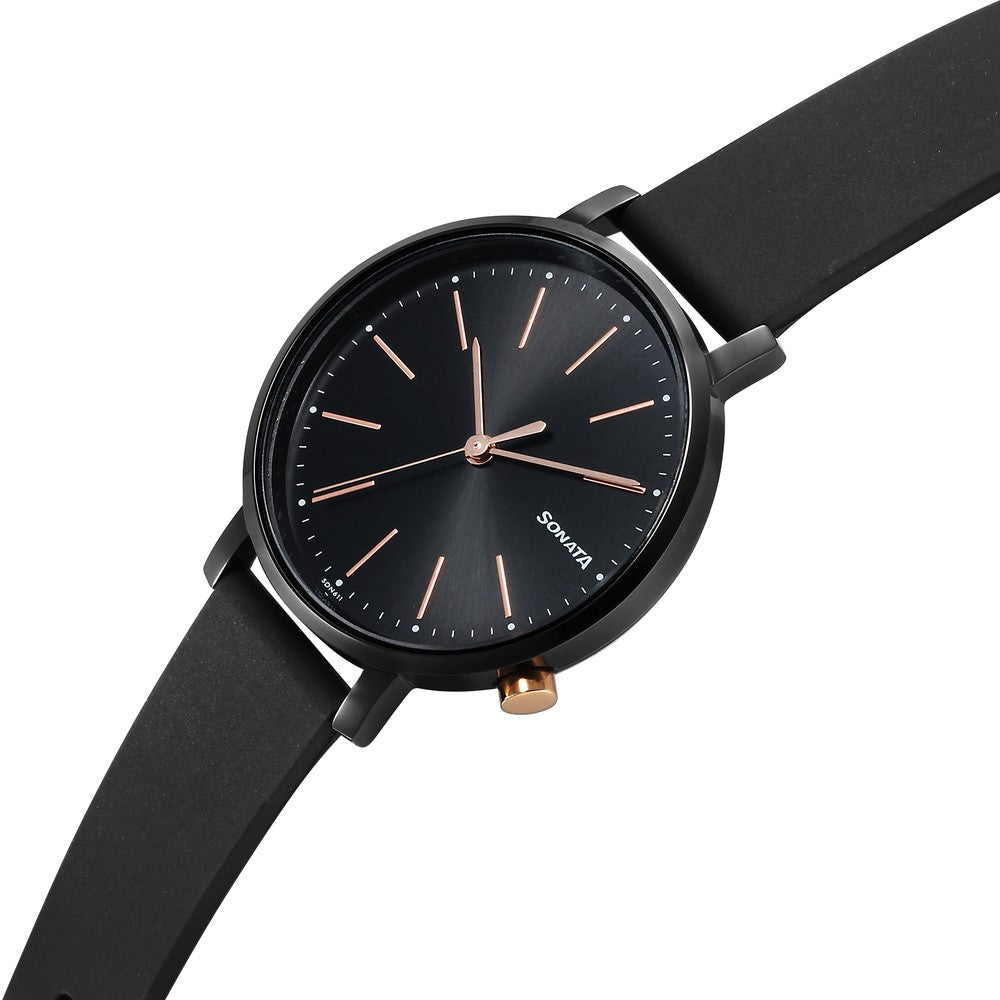 Sonata Essentials Black Dial Polyurethane Strap Watch for Women image 3