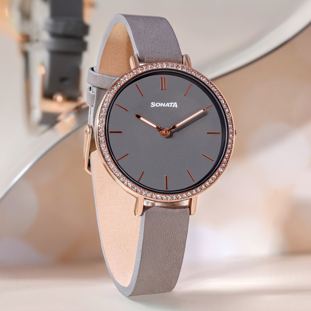 Sonata Quartz Analog Grey Dial Grey Leather Strap Watch For Women image 1