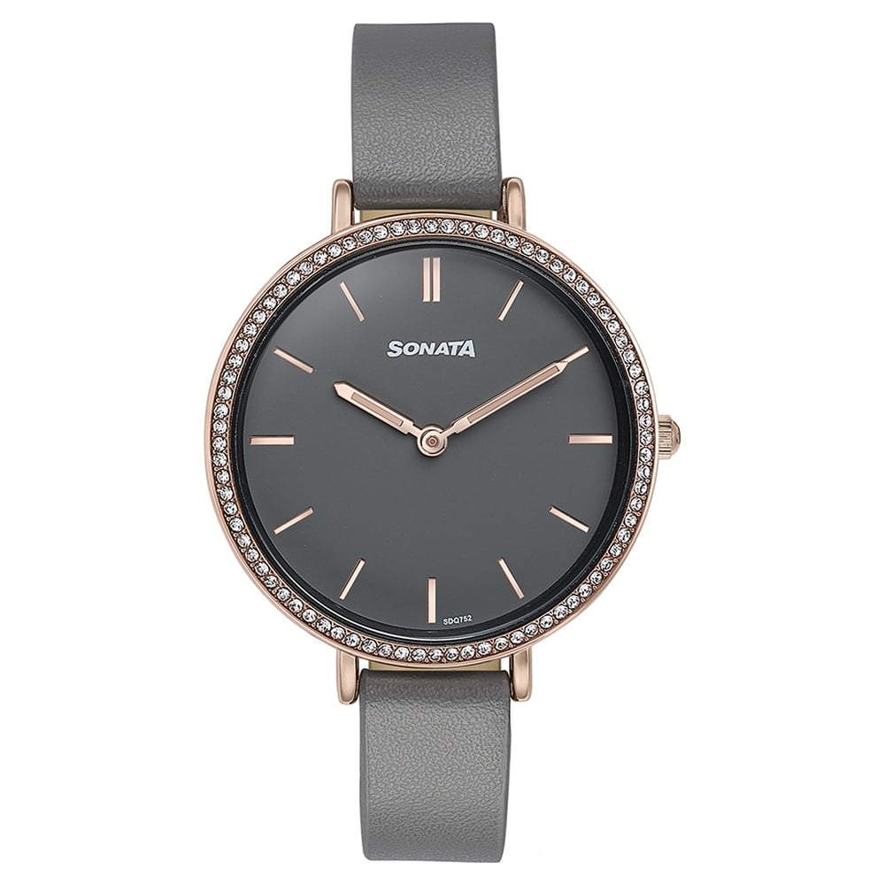 Sonata Quartz Analog Grey Dial Grey Leather Strap Watch For Women image 2