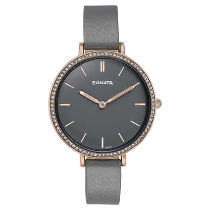 Sonata Quartz Analog Grey Dial Grey Leather Strap Watch For Women image 2