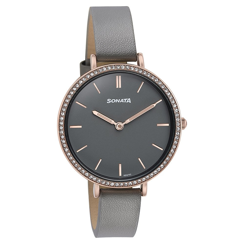 Sonata Quartz Analog Grey Dial Grey Leather Strap Watch For Women image 3