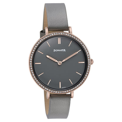 Sonata Quartz Analog Grey Dial Grey Leather Strap Watch For Women image 3