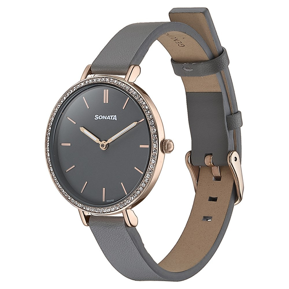 Sonata Quartz Analog Grey Dial Grey Leather Strap Watch For Women image 4