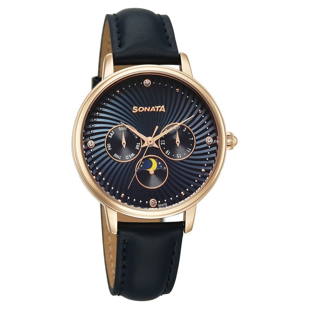 Sonata Festive Quartz Multifunction Blue Dial Leather Strap Watch For Women image 1