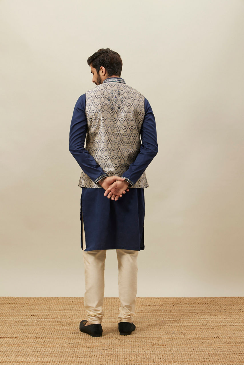 Manyavar Midnight Blue Medallion Patterned Jacket Set - view 5