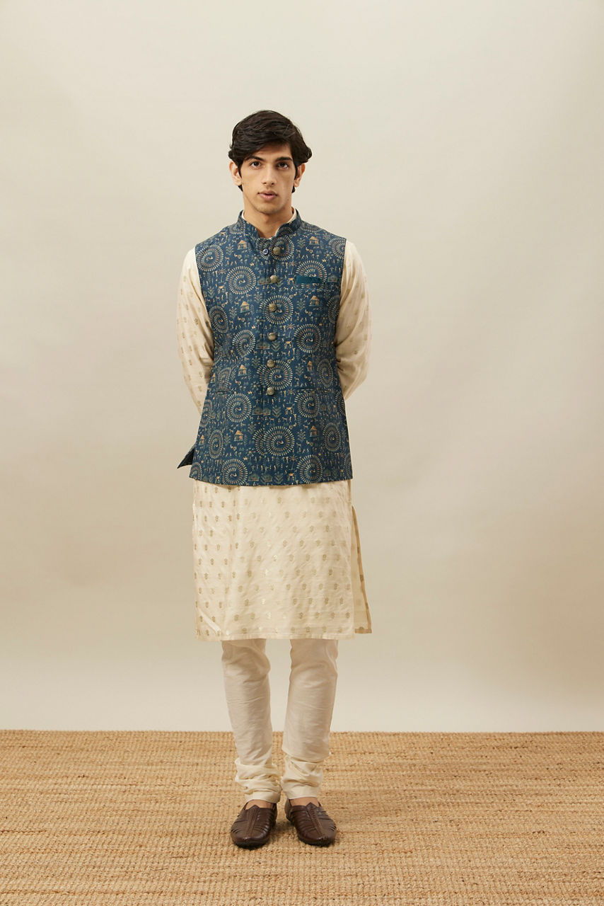 Manyavar Pine Green Tribal Art Printed Jacket - view 3
