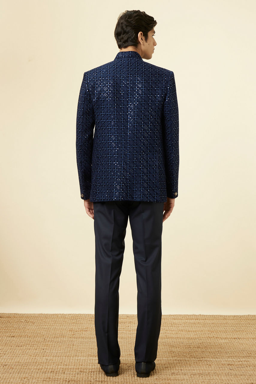 Manyavar Royal Blue Grid Patterned Sequined Suit - view 5