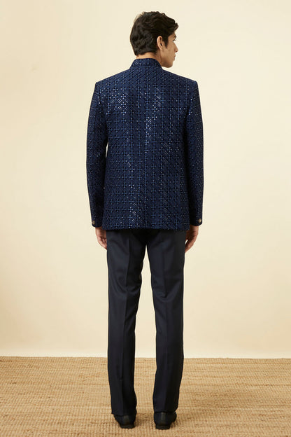Manyavar Royal Blue Grid Patterned Sequined Suit - view 5