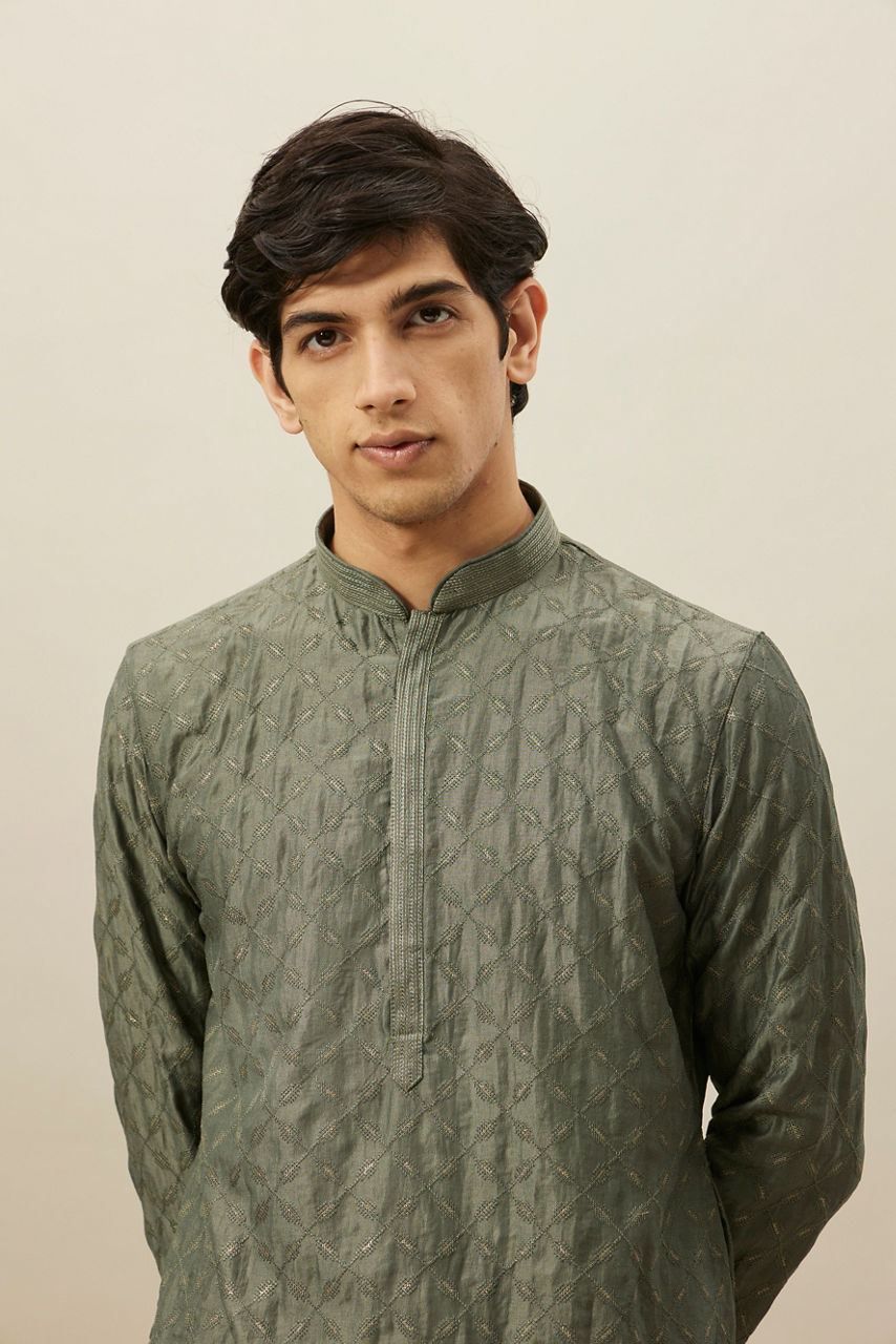Manyavar Sage Green Diamond Patterned Kurta Set - view 2