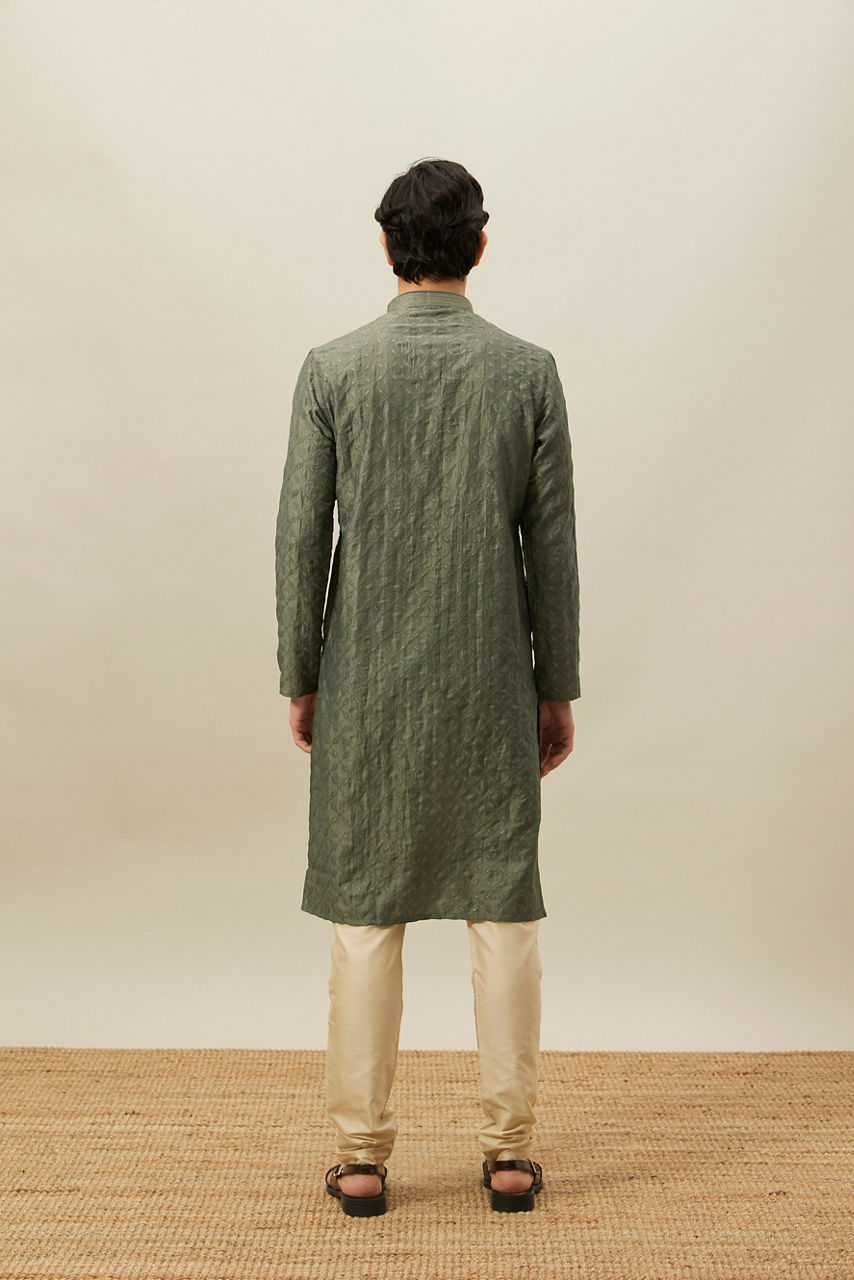 Manyavar Sage Green Diamond Patterned Kurta Set - view 6