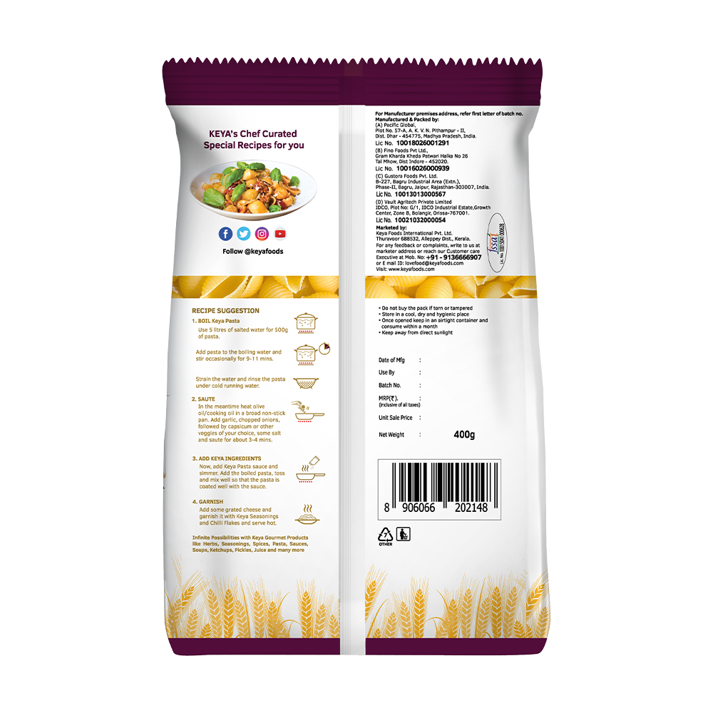 Keya 100 Durum Wheat Shell Pasta, showcasing its unique shell shape and golden color, ready for cooking. - Image 3