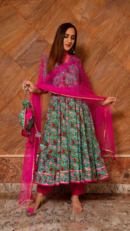 Surangi Kalidar Taaj Cotton Hand Block Print Anarkali Set With Soft Net Dupatta