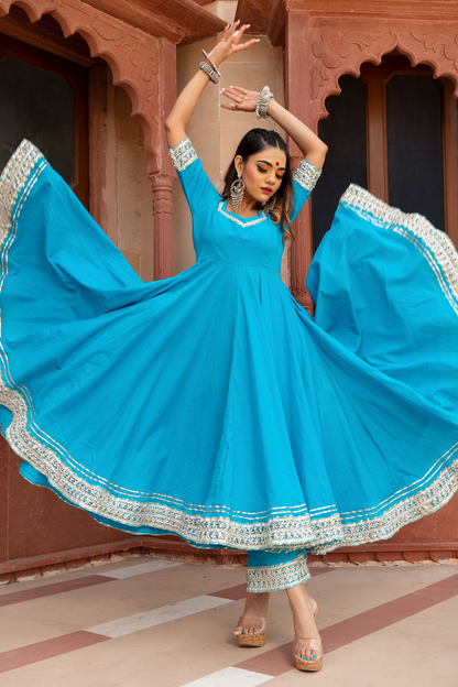 Kalamkari Blue Pure Cotton Anarkali Set With Soft Net Dupatta