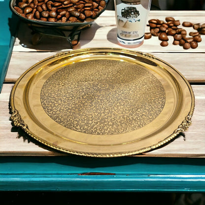 Tamas Brass Handmade Round Traditional Vintage Floral Serving Tray - PUSHMYCART
